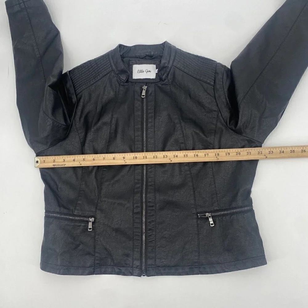 Black Vegan Faux Leather Zip Up Moto Jacket Grunge Little Gem Women's Size Large